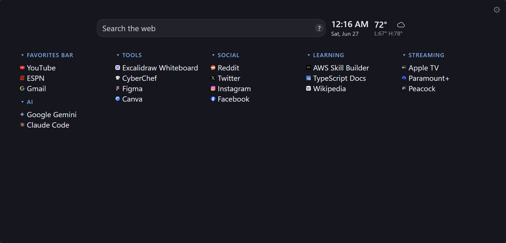 New Tab Plus new tab page with bookmark columns, search bar, clock, and weather widgets