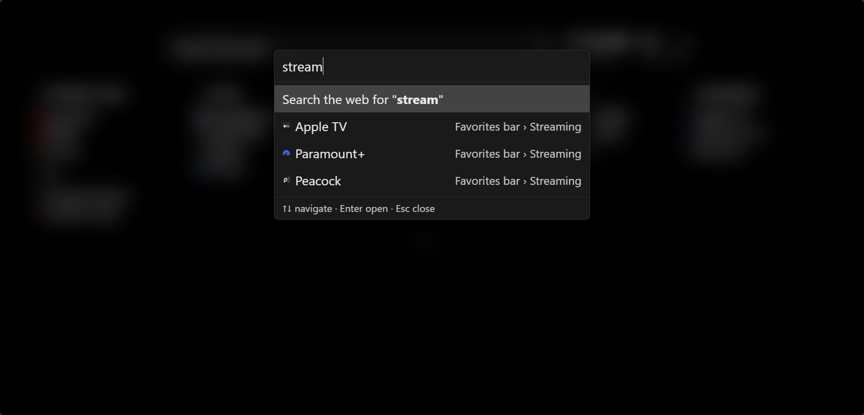 Command palette open with bookmark search results for the query stream