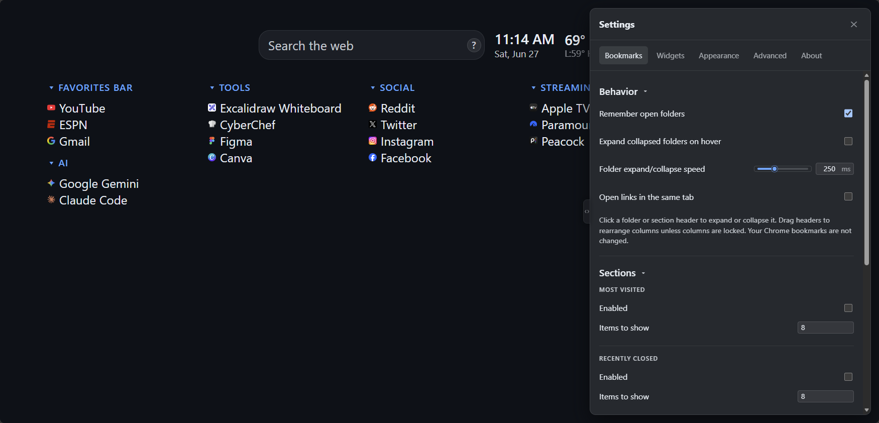 Settings panel open on the Bookmarks tab with behavior and section options